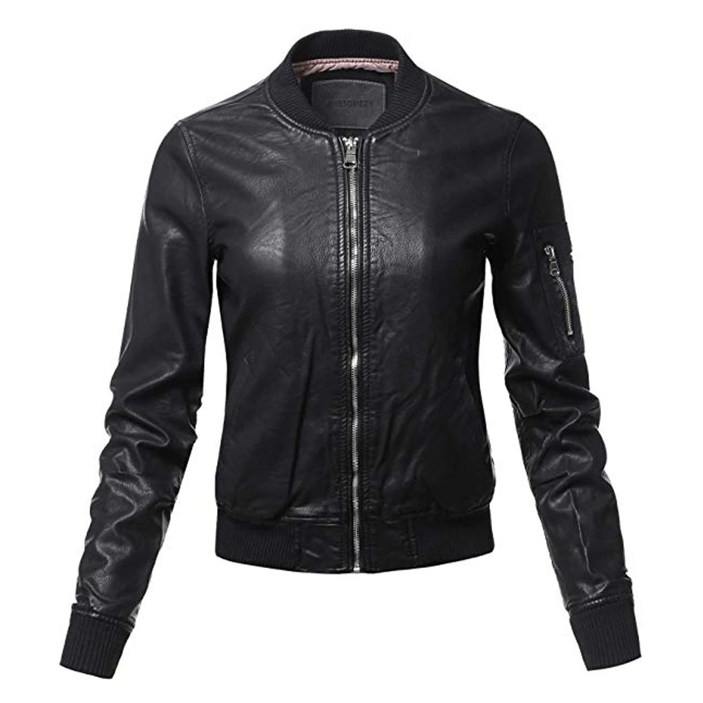 Black Leather Bomber Jacket Women Leathers Jacket 