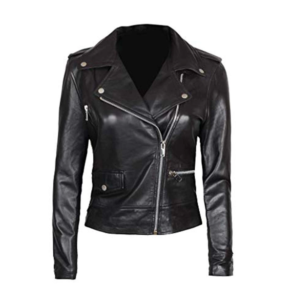 Women's Black Zipper Biker Leather Jacket