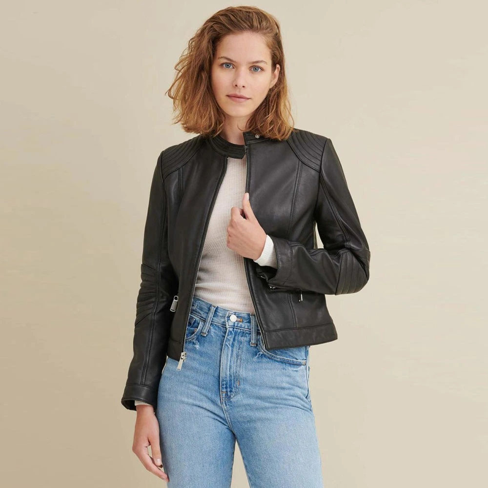 Leather Jacket with Quilted Shoulder