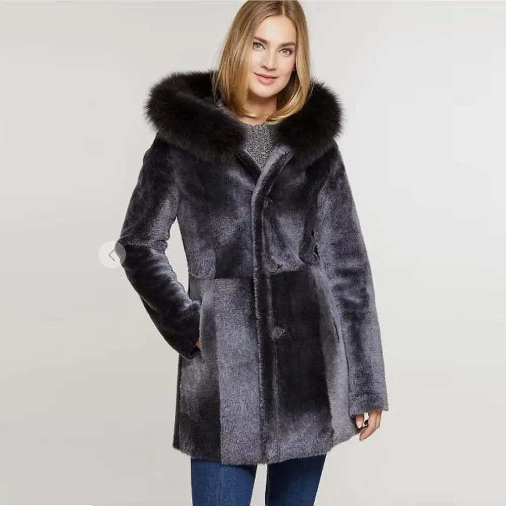 Justine Reversible Hooded Spanish Merino Shearling Sheepskin Coat with Fox Fur Trim