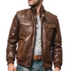 Brown Distressed Leather Racer Jacket