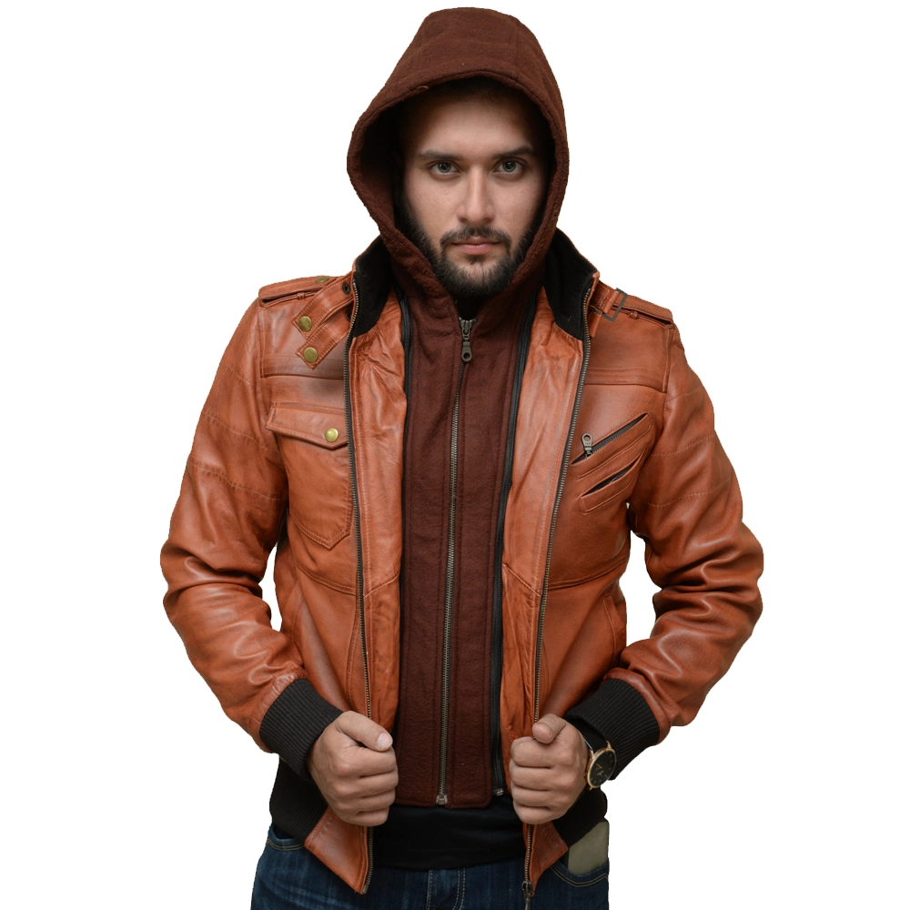 Edinburgh Brown Leather Jacket with Removable Hood