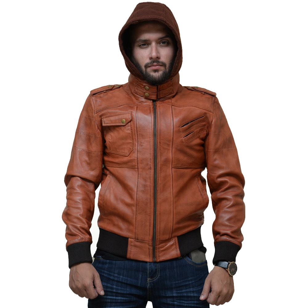 Edinburgh Brown Leather Jacket with Removable Hood