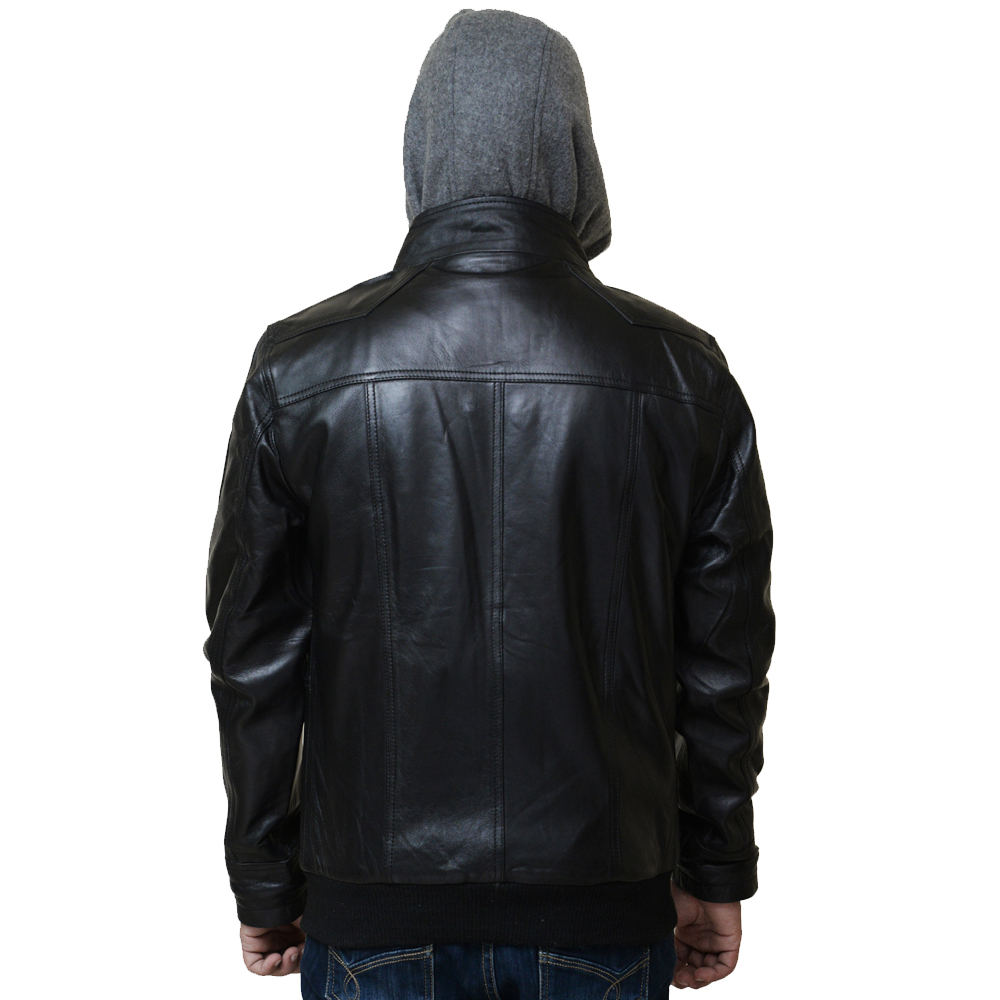 Men's Black Leather Jacket with Grey Hood